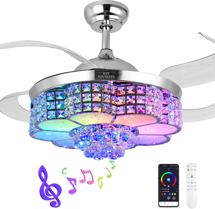 Retractable Ceiling Fan with Light and Remote/App Control, Bluetooth Ceiling Fans with Speaker, RGB-LED Light 6 Speeds Reversible Blades,Chandelier Crystal Ceiling Fan with Lights