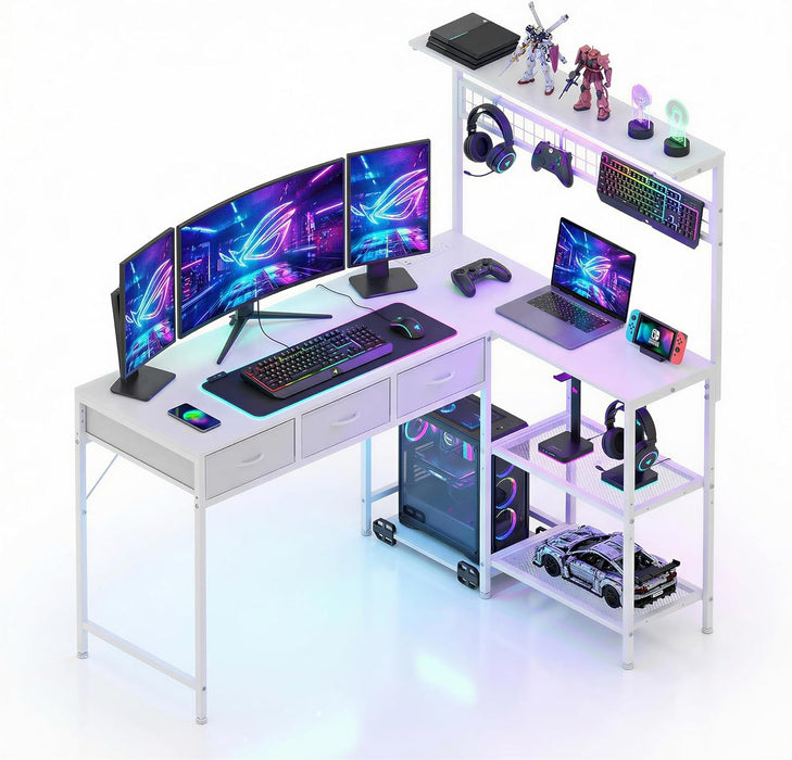Computer Desk with 3 Fabric Drawers, 50.4 in L-Desk Display Shelves with Led Light & Power Outlet, PC Table Workstation for Home Office, Gaming Desk for Small Spaces, White