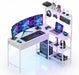 Computer Desk with 3 Fabric Drawers, 50.4 in L-Desk Display Shelves with Led Light & Power Outlet, PC Table Workstation for Home Office, Gaming Desk for Small Spaces, White