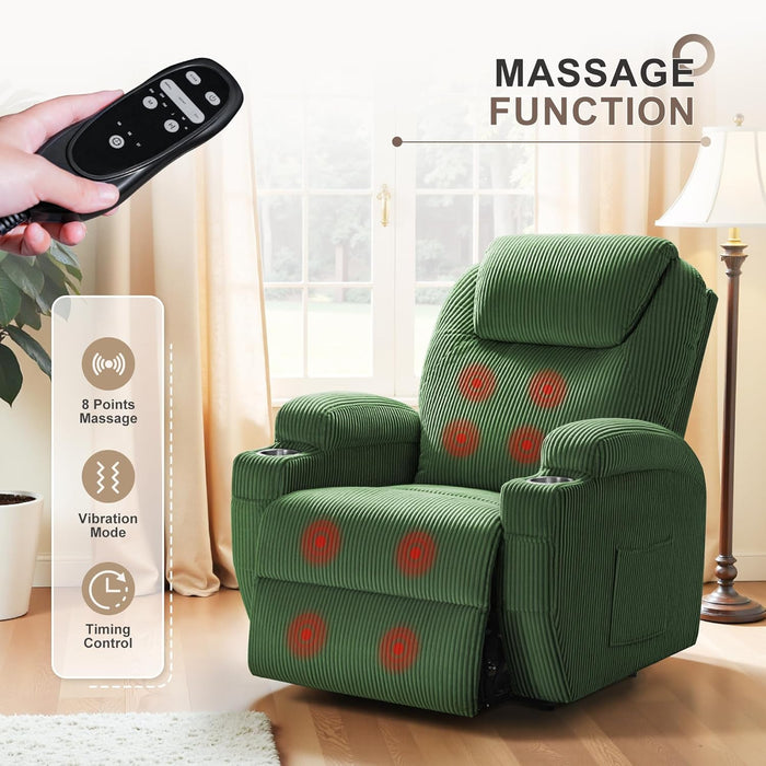 Power Lift Recliner Chair with Massage for Elderly Ergonomic Lounge Chair Classic Single Sofa with 2 Cup Holders Side Pockets Home Theater Seat (Corduroy, Green)