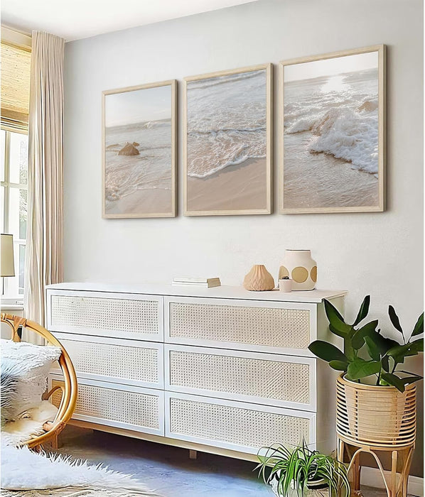 Beach Wall Art Decor Coastal Wall Art Pictures Ocean Canvas Wall Art Beige Beachy Wall Decor Boho Beach Prints Ocean Painting Coastal Artwork for Bedroom Living Room 16X24 Inch Wood Framed Set of 3