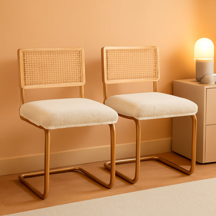 Rattan Dining Chairs Set of 2, Modern Kitchen Chairs with Natural Mesh Rattan Backrest & Solid Thick Metal Legs, Upholstered Fleece Armless Side Chairs for Living Room, Study, Cream