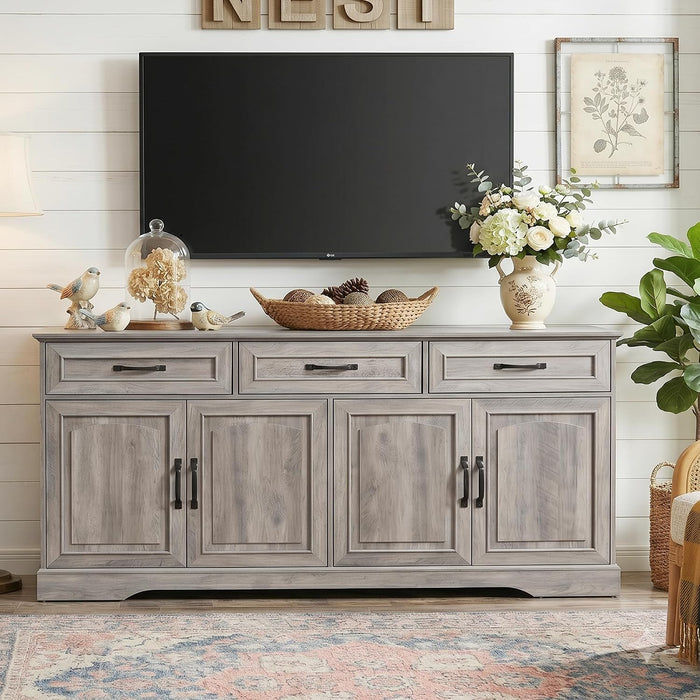66" Large Sideboard Buffet Cabinet with Storage, Farmhouse Buffet Sideboard | Grey Coffee Bar, Wine Bar, Rustic Kitchen Storage Cabinet with Drawers, Weathered Ash, Ample Storage Space, Adjustable Shelf
