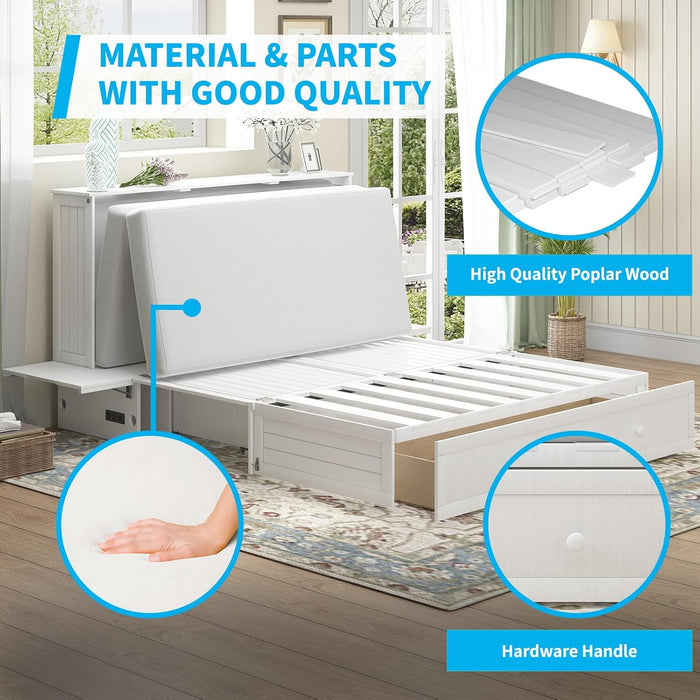 Murphy Bed Cabinet with Built-In 3 Charging Station and 2 Storage Drawers, Solid Wood Cabinet Bed Queen Size with Mattress, Murphy Cube Chest Bed for Guest Room (White-Murphy Bed A)