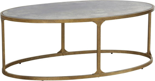 Korajane Oval Coffee Table with Tempered Glass Top, Faux Marble Finish, Steel Frame, 48" W X 27.38" D X 17.5" H, Antique Gold