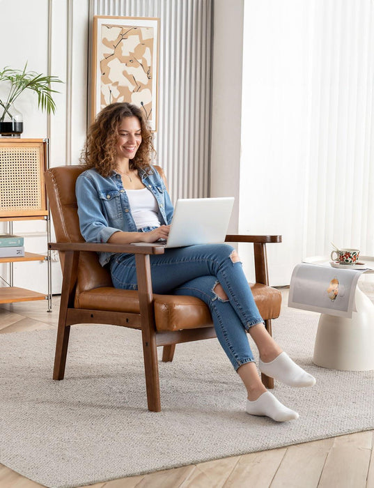 Mid Century Leather Accent Chairs, Modern Small Arm Chair for Living Room, Office Waiting Room Lobby Chair with Wooden Arms, Brown Accent Reading Chairs Set for Bedroom
