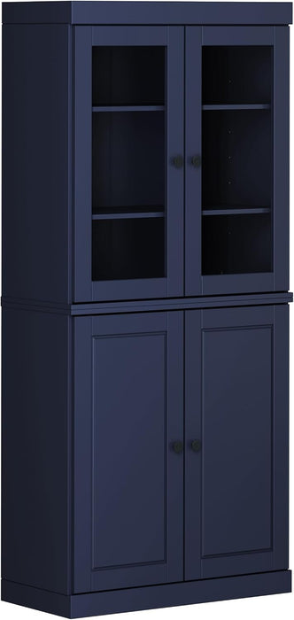 Solid Wood Bookcase - 6-Tier Bookshelf, 71.5” H X 32” W - Navy Blue, Clear Glass Doors & Storage Cabinet, Tall Bookcase for Living Room, 100% Renewable Eco-Friendly Wood, Made in Brazil