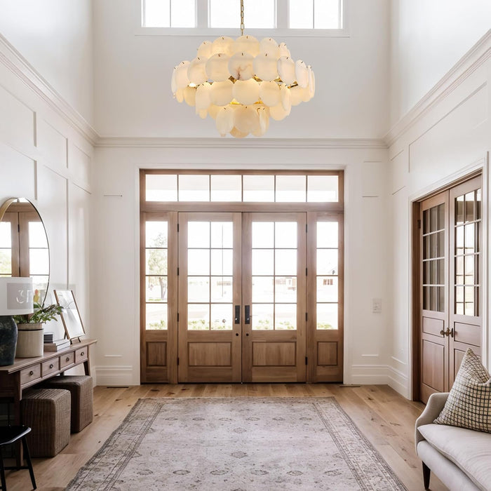Natural Alabaster round Chandelier, 31.5" Modern Marble Chandelier with 50 Stone Texture Panels, 12-Light Dimmable Spanish Alabaster Chandeliers for Living Room, Dining Room, Hallway