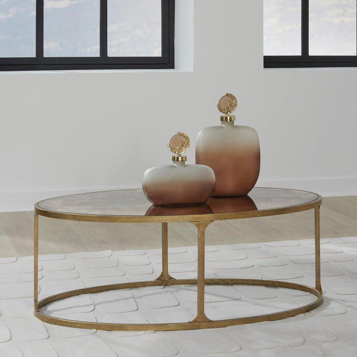Korajane Oval Coffee Table with Tempered Glass Top, Faux Marble Finish, Steel Frame, 48" W X 27.38" D X 17.5" H, Antique Gold