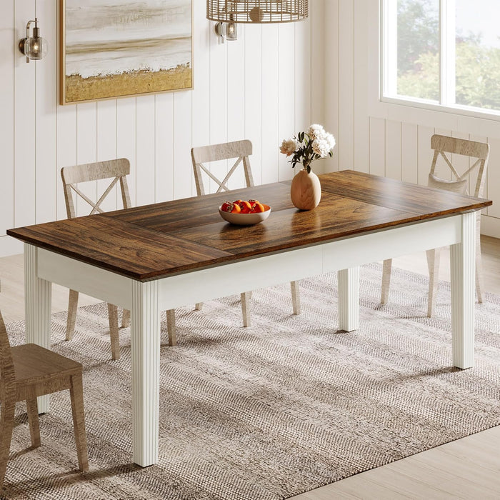 Dining Table for 4-6 People, 63-Inch Rectangular Kitchen Table with Solid Wood Legs, Farmhouse Dinner Table for Dining Room, Kitchen, Rustic Brown & Cream White