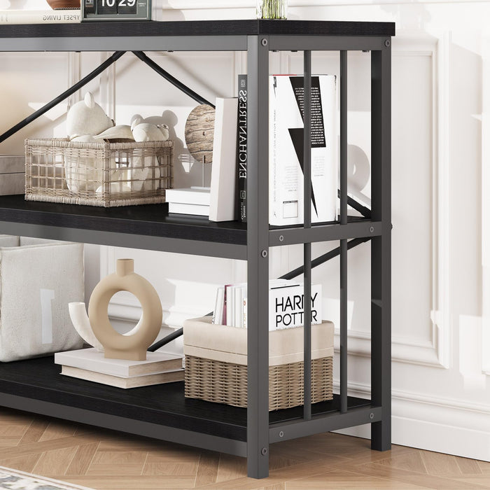 Black Long Bookshelf, Large Wood Wide Horizontal Bookcase under Window, Modern Long Open Book Shelf for Bedroom Living Room, Industrial Wooden Metal Bookshelves for Home Office, Black Oak, 63 Inch