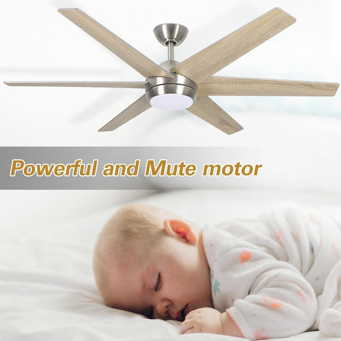 54 Inch Indoor Modern Ceiling Fan with Integrated LED Lights and Remote Control, 6 Blades, 6 Speed, Dimmable, 3CCT, Quiet Reversible Motor Ceiling Fan, Brushed Nickel