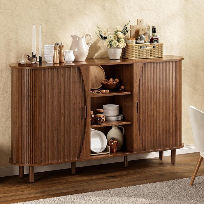 59" Curved Buffet Cabinet with Storage, Sideboard Cabinet with Adjustable Shelves, Mid-Century Modern Buffet Cabinet with Sliding Doors and 6 Wood Legs, Storage Cabinet for Living Room, Walnut