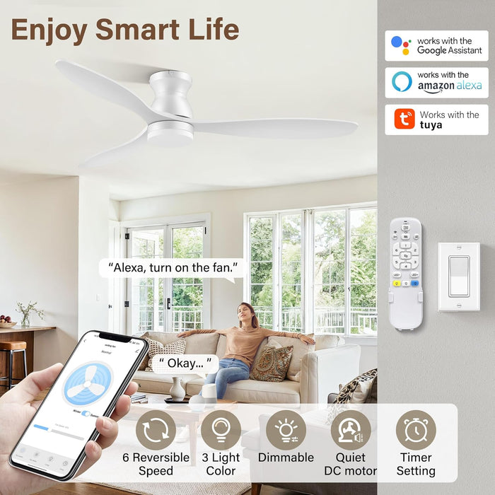 52" Wood Ceiling Fans with Lights Remote,Smart Control via Wifi Alexa App,Quiet DC Motor,Modern Flush Mount Hugger Ceiling Fan for Low Profile Bedroom,Patio,Matte White,Outdoor Indoor,3 Blade,Dimmable