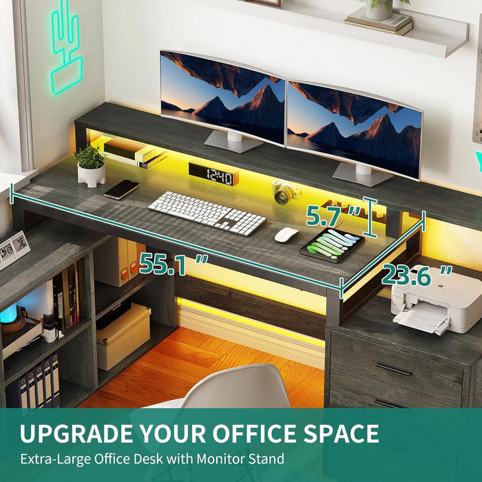 L Shaped Desk with 3 Drawers, 65" Corner Computer Desk with Power Outlets & LED Lights, L-Shaped Desk with File Cabinet & Printer Stand for Home Office, Grey