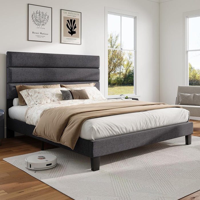 Queen Size Bed Frame with Linen Upholstered Headboard, Modern Platform Bed with Wooden Slats Support, Noise-Free, No Box Spring Needed, Easy Assembly, Grey