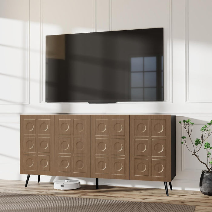 Sideboard Buffet Cabinet with Storage: 63" Black and Oak Mid Century Modern Credenza with 4 Doors, Large Fluted Sideboard Accent Cabinet for Living Room