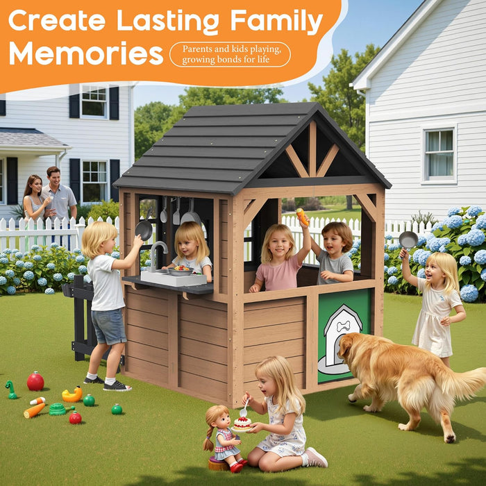 Kids Outdoor Wooden Playhouse with Kitchen Set, Durable Wood Construction with Waterproof Roof & Rust-Resistant Hinges, Pretend Playhouse for 3–8 Years Old Boys & Girls