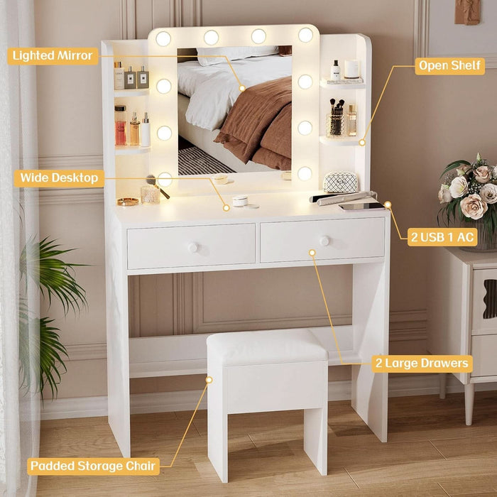 White Vanity Desk with Mirror and Lights, Makeup Vanity with 10 LED Bulbs and 3 Color Modes, Dressing Table Set with Power Outlets, Storage Drawers and Chair for Bedroom