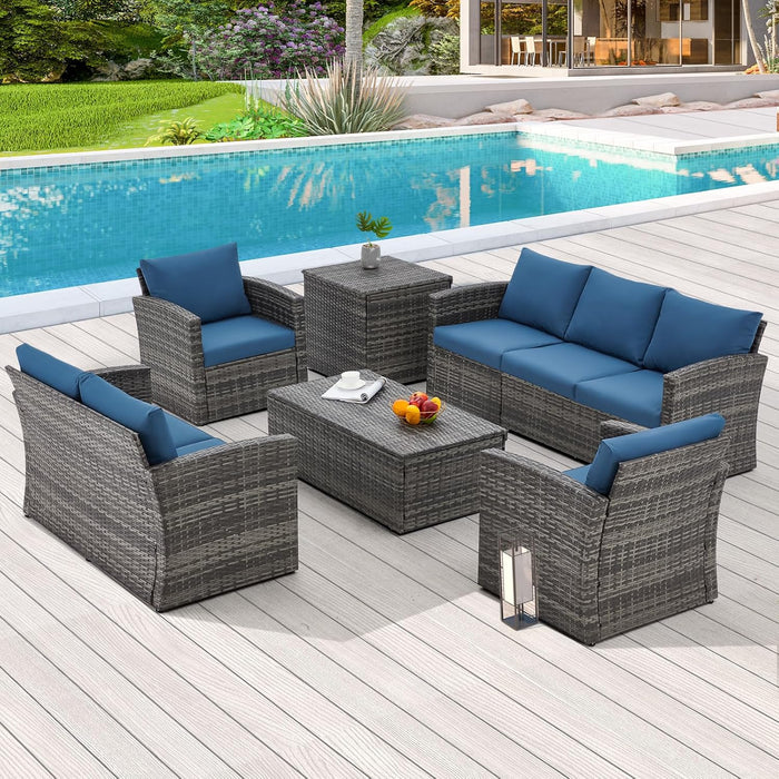 7 PCS Outdoor Patio Furniture Sets W/Two Storage Boxes, Outdoor Conversation Set PE Wicker Sectional Sofa Patio Sofa for Garden, Deck, Grey Rattan& Blue Cushions