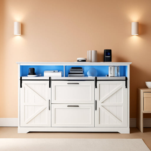 47.2" File Cabinet, 2 Drawers Filing Cabinets for Home Office Fit Legal/Letter/A4 File, Farmhouse File Cabinet with Barn Door & Power Outlet, Printer Stand with Storage & LED Light, White+Grey