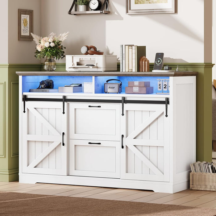 47.2" File Cabinet, 2 Drawers Filing Cabinets for Home Office Fit Legal/Letter/A4 File, Farmhouse File Cabinet with Barn Door & Power Outlet, Printer Stand with Storage & LED Light, White+Grey