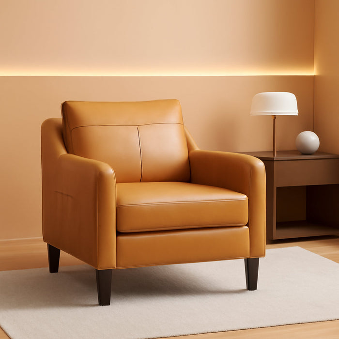 PU Leather Accent Chair Set of 2, Mid-Century Modern Living Room Armchair Sofa with Removable Cushions, Solid Wood Frame & Stitched Armrest Design, Bedroom Chair with Plastic Legs, Brown