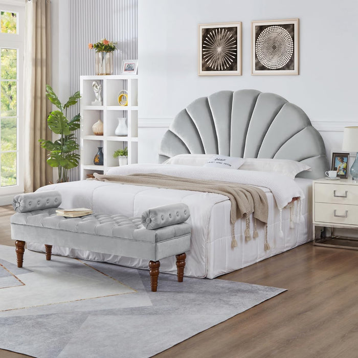 Stunning Crown Design King Headboard, Upholstered Soft Velvet Petal Pattern Headboard King/Ca King-Gray