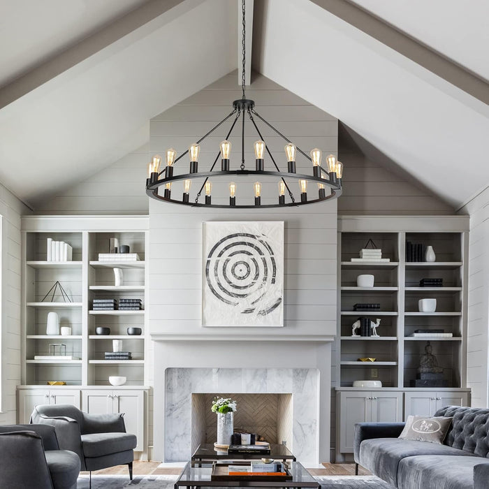 Wagon Wheel Chandelier, Large Black Farmhouse Chandelier for Dining Room Light Fixture, 20-Light 48 Inch Extra Hanging Lighting for High Ceilings Living Room Kitchen Island Foyer Villa