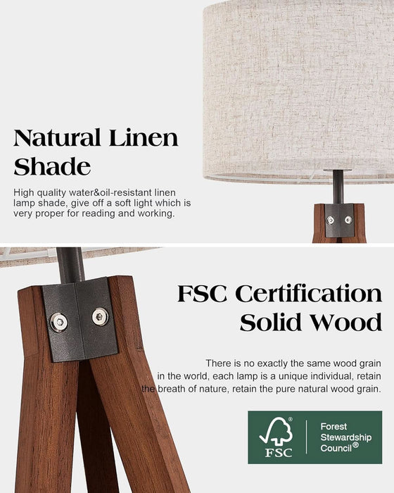 Solid Wood Tripod Floor Lamp with 3 Color Temperatures LED Bulb, Mid Century Modern Reading Standing Light Nature Linen Shade Tall Night Light for Bedroom Living Room Office Study Room, Brown