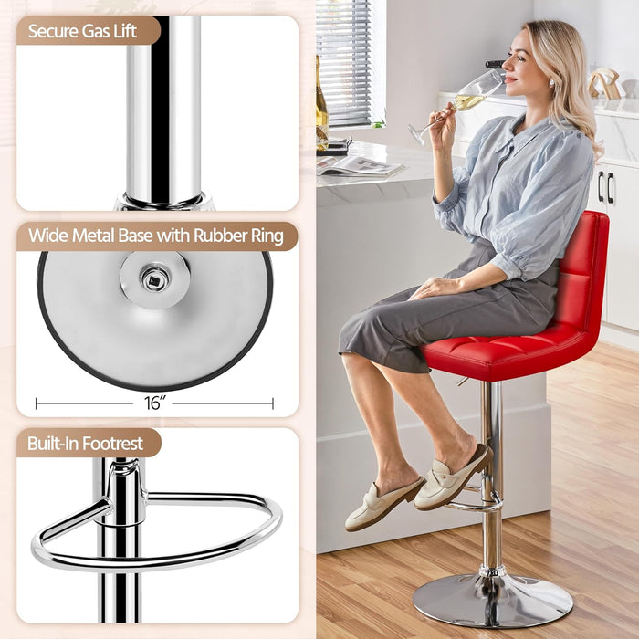 Bar Stools Set of 2, Adjustable PU Leather Swivel Barstools, Modern Counter Stools with Back and Footrest, Counter Height Barstools for Bar, Kitchen, Dining Room, Red