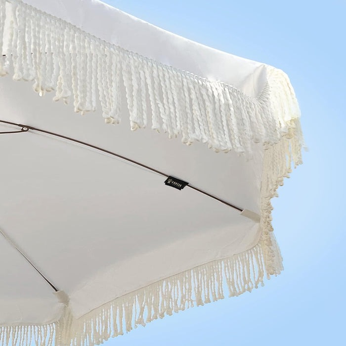 7Ft Patio Umbrella with Fringe Outdoor Tassel Umbrella UPF50+ Premium Steel Pole and Ribs Push Button Tilt, White Cream