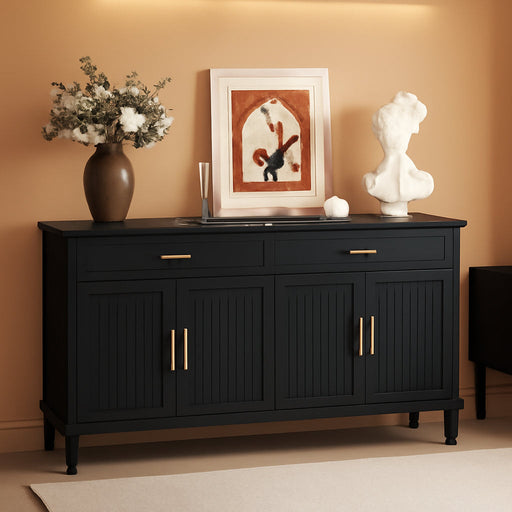 58 Inch Sideboard Buffet Cabinet with Storage, Fluted Buffet Storage Cabinet with 2 Drawers and 4 Doors, Modern Coffee Bar with Adjustable Shelves for Living Room, Kitchen (Black)