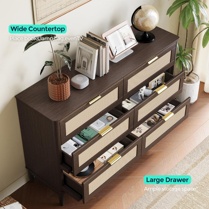 Walnut FortySevenInch Dresser With Six Deep Drawers