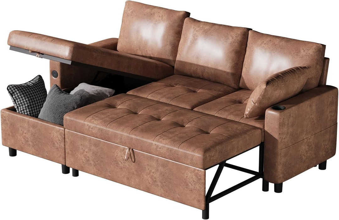 Brown Leather Sleeper Sofa Bed With Storage