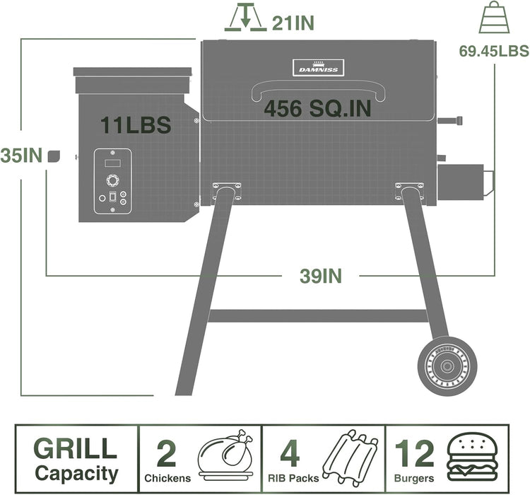 Wood Pellet Grill & Smoker 8-In-1 Pellet Grill with Automatic Temperature Control, & Rain Cover 456 Sq in Area for Backyard Camping Outdoor