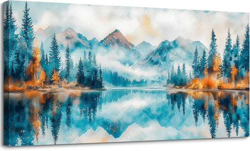Large Blue Forest Canvas Wall Art Prints, Misty Forest Gold Wall Decor Nature Mountain Lake Landscape Painting Modern Watercolor Artwork for Living Room Bedroom Bathroom Office 20"X40"