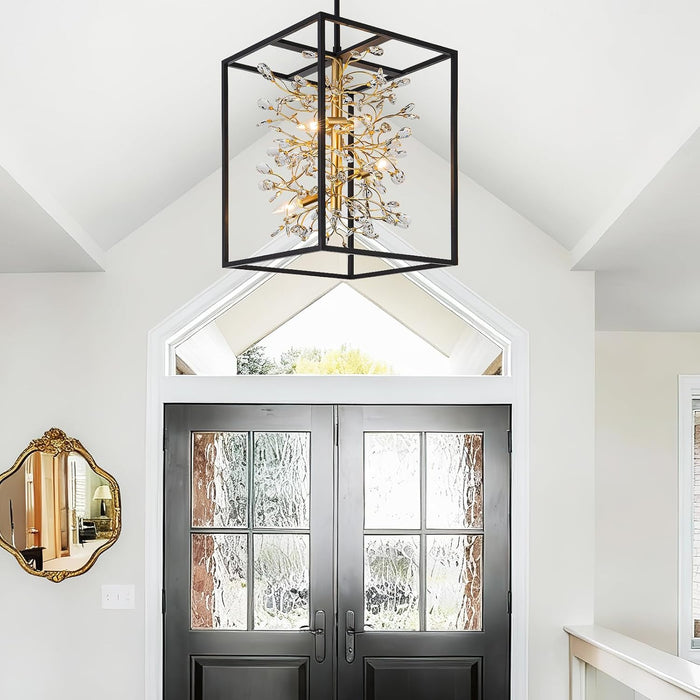 Black and Gold Chandelier, 4-Light Entryway Crystal Chandeliers Foyer Modern Farmhouse Hanging Cage Pendant Light Fixture for Dining Room Kitchen Island Entrance Staircases Hallway, H21 Inch