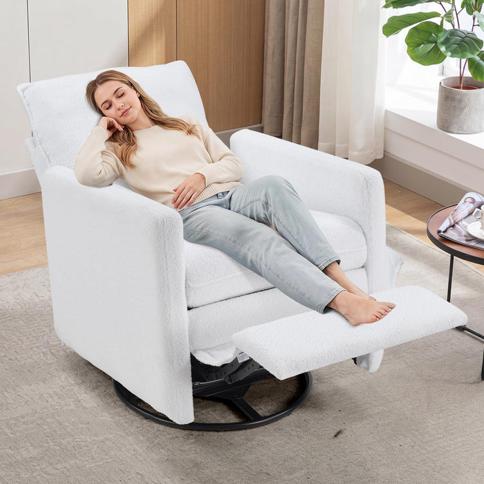 Swivel Rocker Recliner Chair, Teddy Upholstered Nursery Glider Chair, Manual Reclining Chair with Two Removable Pillows for Living Room (White)