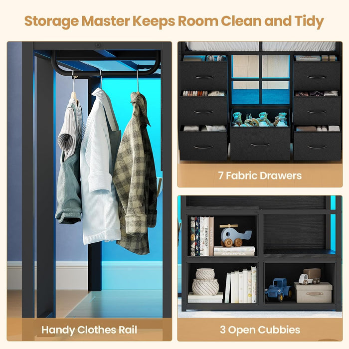 Low Loft Bed Twin Size with Stairs & LED Lights, Kids Loft Bed with 7 Storage Drawers & 3 Open Cubbies & Handy Clothes Rail, Twin Loft Bed with Safety Guardrail, Under-Bed Play Area, Black