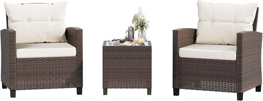 3 Pieces Patio Furniture Set 3 Pieces PE Rattan Wicker Chairs with Table Outdoor Furniture for Backyard/Garden/Poolside/Outdoor Restaurant Brown Rattan with White Cushion