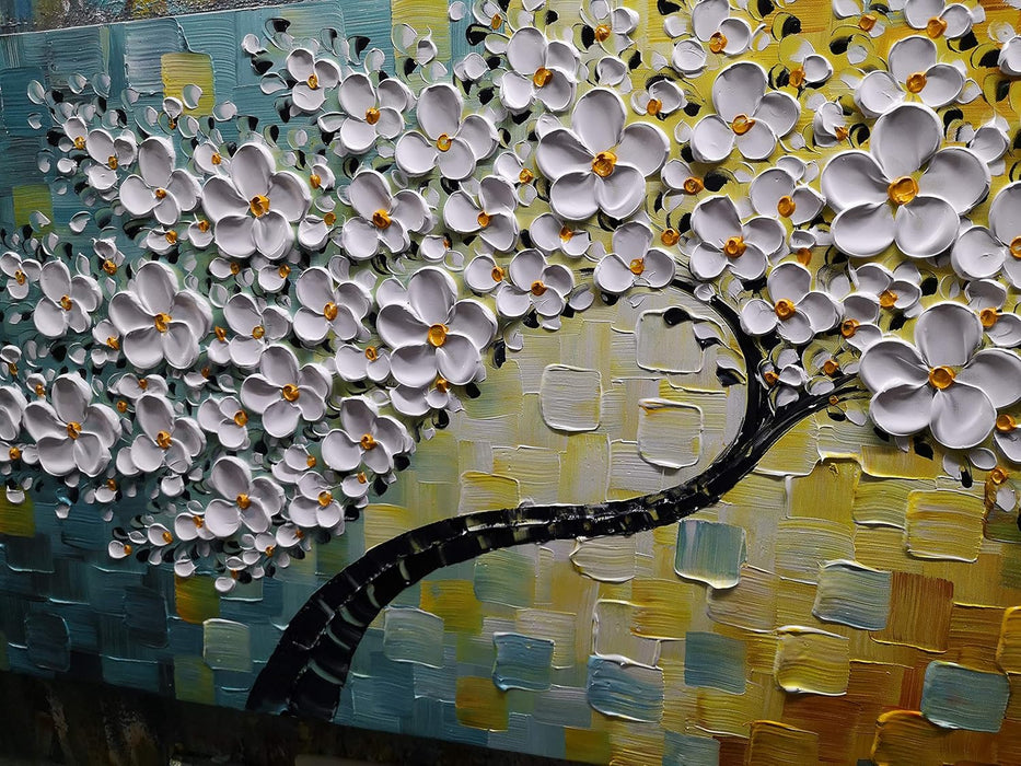 - 100% Hand Painted Contemporary Art Oil Painting on Canvas Texture White 3D Flower Paintings Modern Home Bedroom Living Room Wall Decor Abstract Art Paintings 24X60Inch