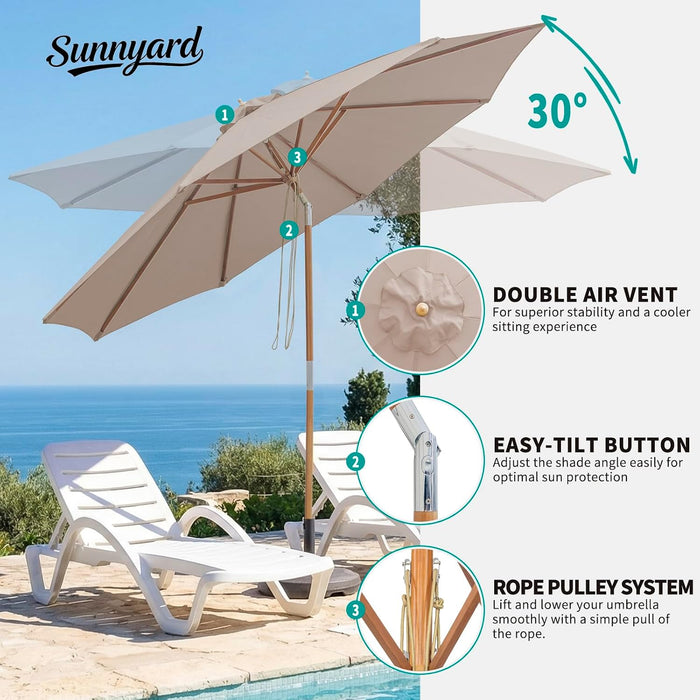 9FT/10FT Bamboo Patio Umbrella, Large Outdoor Umbrella with UPF 50+ Sun Protection, Rope Pulley Lift & Push-Button Tilt, 8-Rib Ventilated Canopy for Garden, Deck, Backyard & Outdoor Dining
