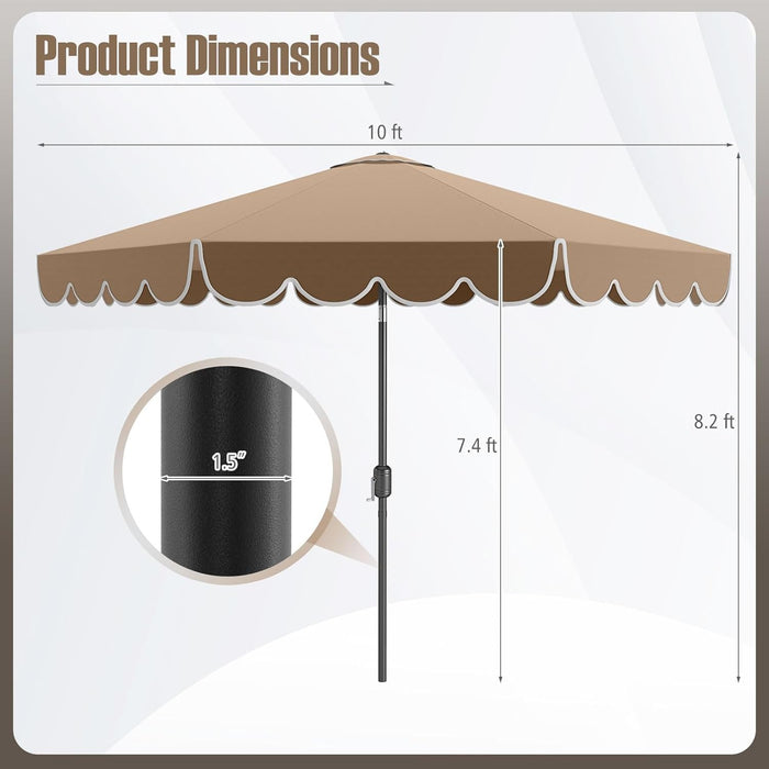 10 FT Patio Umbrella, 2-Tiers Scalloped Outdoor Table Market Umbrella with Tilt Adjustment, Crank, 8 Sturdy Ribs for Pool, Deck, Backyard (Coffee)