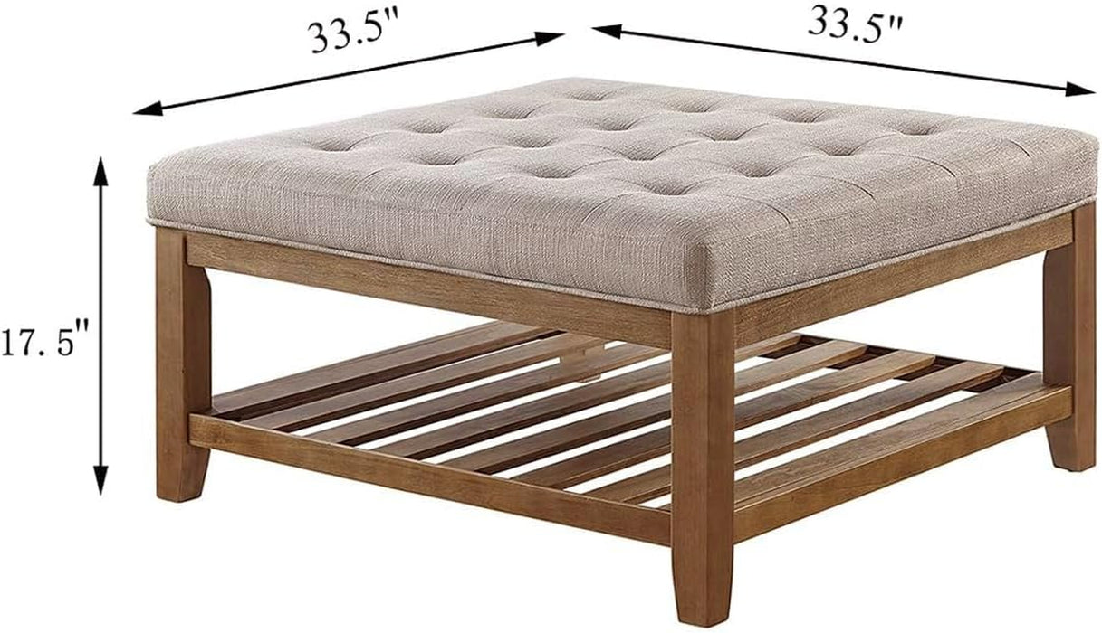 Large Square Upholstered Tufted Linen Ottoman Coffee Table, Large Footrest Ottoman with Solid Wood Shelf-Linen