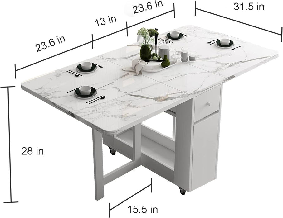 Folding Dining Table with Storage, Kitchen Table for Small Spaces | Foldable, Drop Leaf, Movable, 4 Wheels, Space Saving, Extendable, Marble Texture Top, for Apartment Kitchen Living Room White