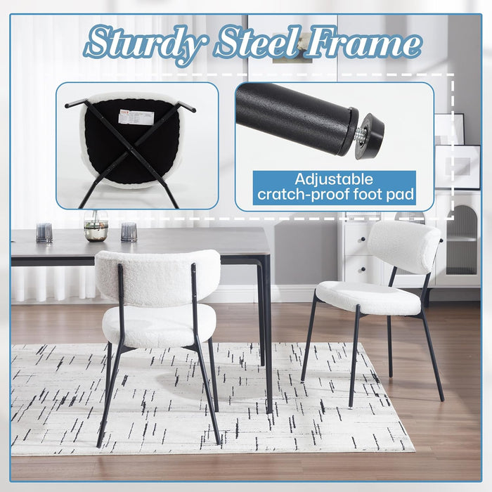 Boucle Dining Chairs Set of 6, Modern Mid-Century Upholstered Stylish Kitchen Chairs Sherpa Accent Diner Chairs with Metal Legs and Curved Back for Kitchen, Dining Room(White)