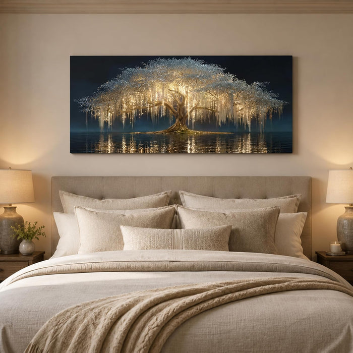 Large Tree of Life Canvas Wall Art Abstract Black and Gold Tree of Life Picture Wall Decor Nordic Gold White Flowers Poster Print Artwork for Living Room Bedroom Office Hallway Home Decoration