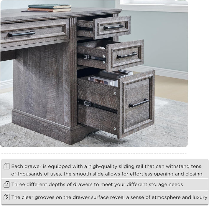 58" Executive Desk, Farmhouse Computer Desk with Drawers and Cabinet, Crafted Texture Home Office Desk, Workspace for Work Study Writing, Weatherworn Grey - ShipItFurniture