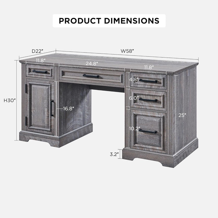 58" Executive Desk, Farmhouse Computer Desk with Drawers and Cabinet, Crafted Texture Home Office Desk, Workspace for Work Study Writing, Weatherworn Grey - ShipItFurniture